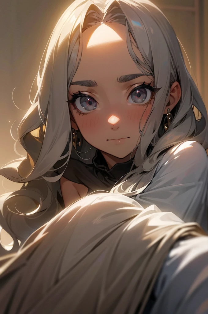 Beautiful adult girl, Long wavy gray hair, big gray eyes, frightened facial expression, Long eyelashes, a lot of decorations, jewelry, closed clothing, , shine, tanned skin, Complacency, confidence, bright background, beautiful collected hairstyle, anxiety, in the frame a man&#39;s hand reaches out to a girl&#39;s face