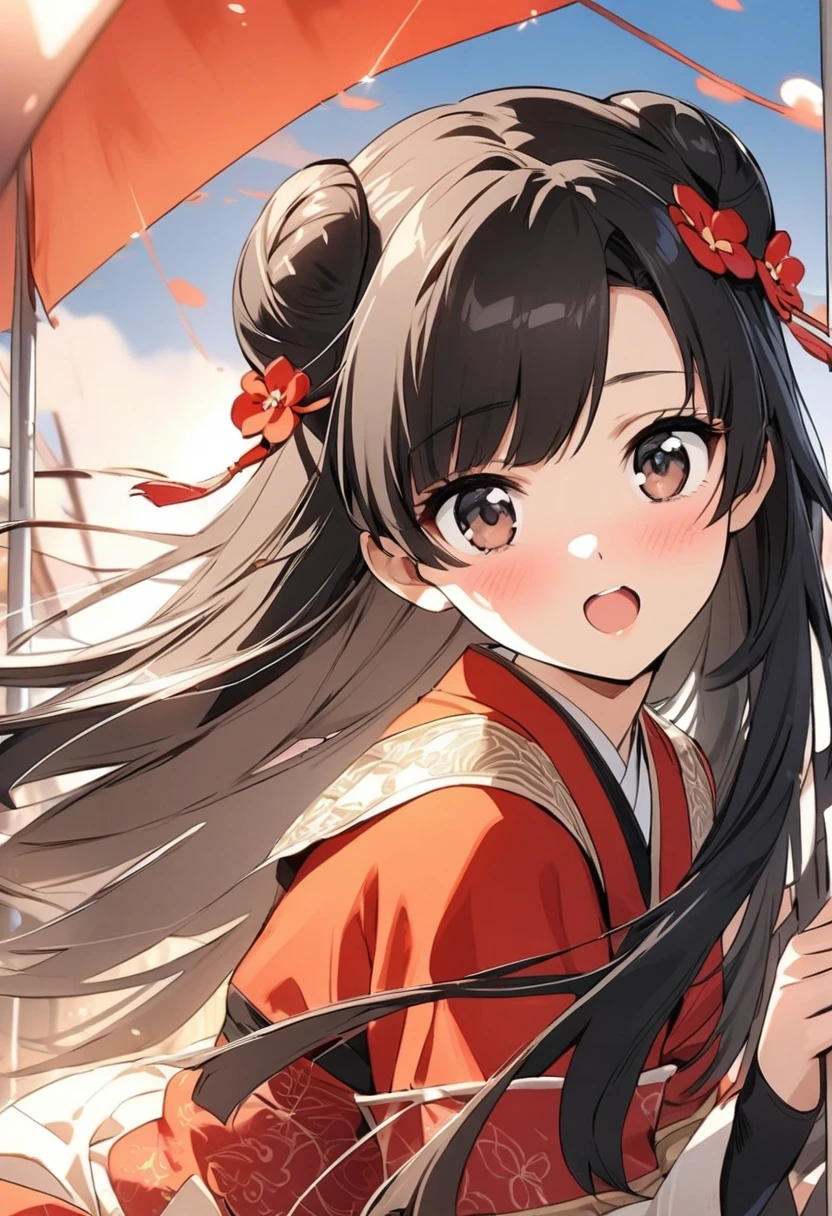 Period drama manga style　A 15-year-old super beautiful Chinese girl with black hair in a bun cut　She&#39;s lying on a Chinese floral bed with her arms outstretched　Wearing a long-sleeved Chinese dress for royalty, she cries as a tentacle penis for excretion is thrust into her pussy