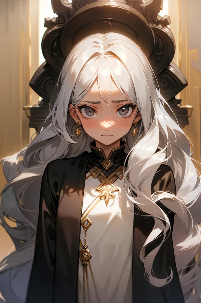 Beautiful adult girl, Long wavy gray hair, big gray eyes, frightened facial expression, Long eyelashes, a lot of decorations, jewelry, closed clothing, , shine, tanned skin, Complacency, confidence, bright background, beautiful collected hairstyle, anxiety, in the frame a man&#39;s hand reaches out to a girl&#39;s face