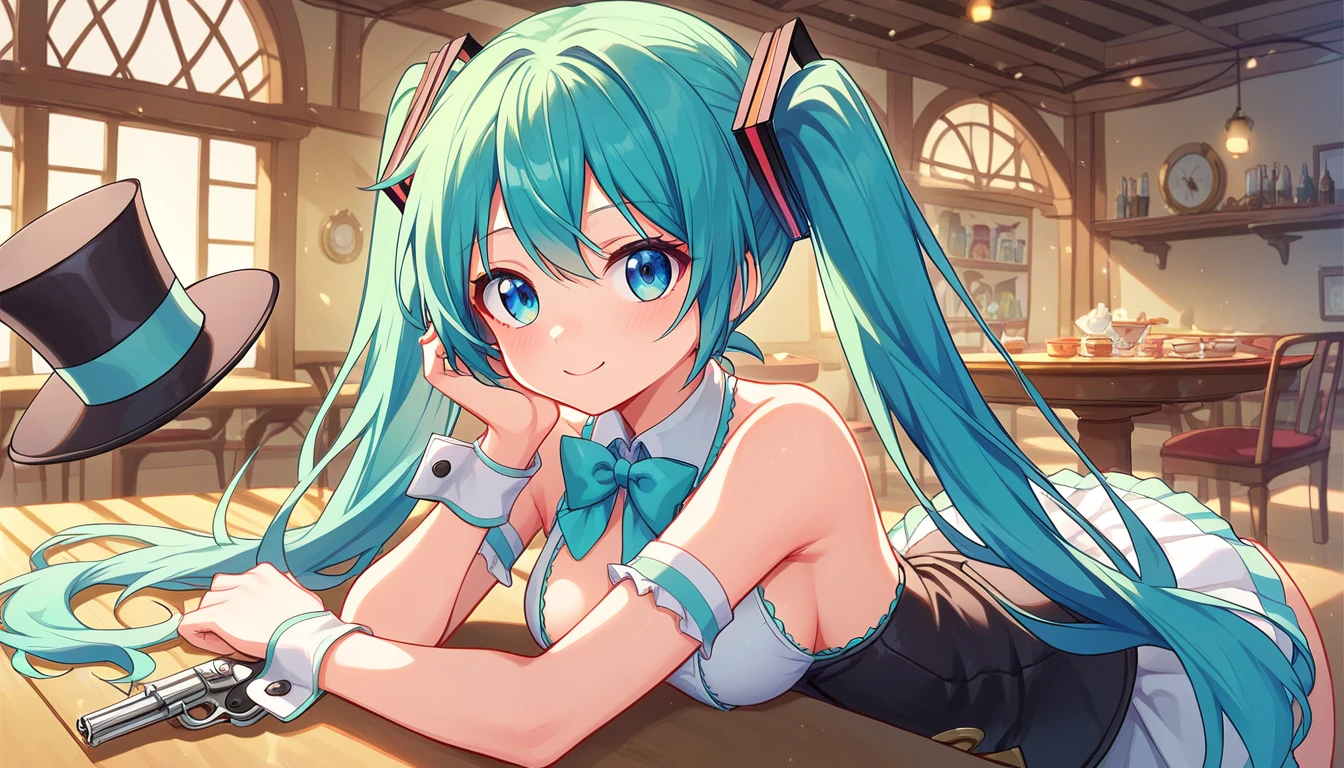 ((1girls:1.3)), ((moe style:1.3)), ((posing:1.3)), ((saloon:1.3)), ((monocle:1.3)), ((top hat:1.3)),((revolver:1.3)), hatsune miku, thinking, ((perfect face)), ((extremely cute:1.3)), ((masterpiece:1.3)), ((8k)), ((best quality:1.3)), ((beautiful)), ((extremely detailed:1.3)) , ((absurdres)), AddXL, ((score_9:1.3)), ((score_8_up:1.3)), ((score_7_up:1.3)), Expressiveh 