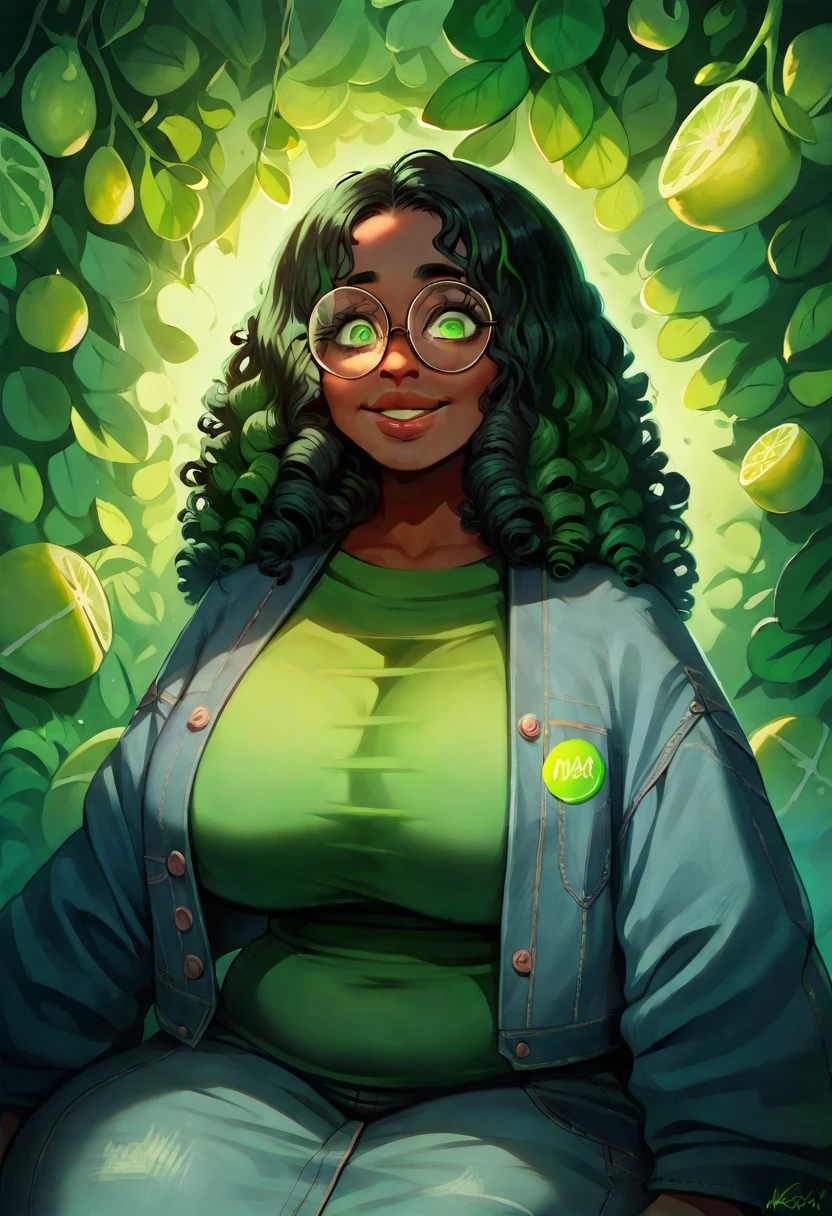 (masterpiece:1.2), (best quality), (ultra detailed), (8k, 4k, intricate),(half-body-shot:1), (highly detailed:1.2),(detailed background:1.2),((big breasts)),((smiling,plump lips))Cute dark skin girl with glasses wearing an lime green shirt that has an fruit logo in the middle of it, denim jacket, sitting in a park with a tree, wavy long black hair and glasses, oversized emerald eyes, clear green eyes, dark skinned, long curly green hair, her face framed with curls, wearing small round glasses, girl with glasses, nerdy black girl, wearing thin large round glasses, with square glasses, girl wearing round glasses