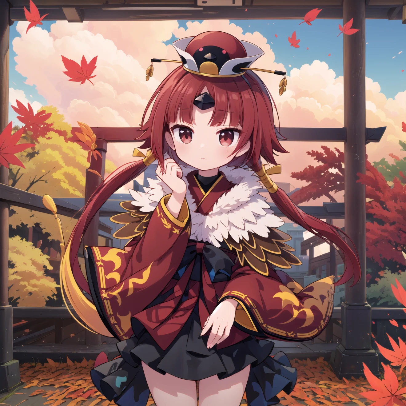 wallpaper,(hand in own hair:1.2)Torii 1.2,temple,(overlooking:1.3)Beautiful sky,cloud,Fluttering Hair,The wind is blowing,Black Mini Skirt,red kimono,hat,masterpiece,best quality, (masterpiece:1.2, best quality:1.2),(cinematic lighting)autumn leaves,