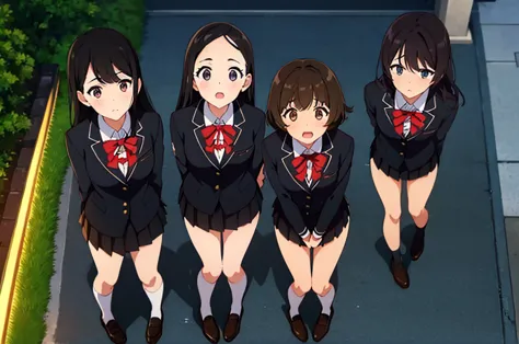 (three women looking up:1.5)　,dark brown hair,black hair,（nose brush:1.7） ,surprised,open your mouth,(school uniform),（panties i...