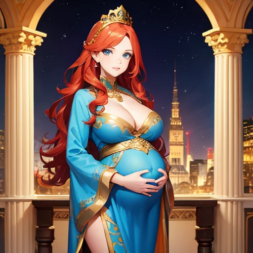 Beautiful pregnant queen, wavy red hair, blue eyes, ornate light blue dress with gold details, cleavage 