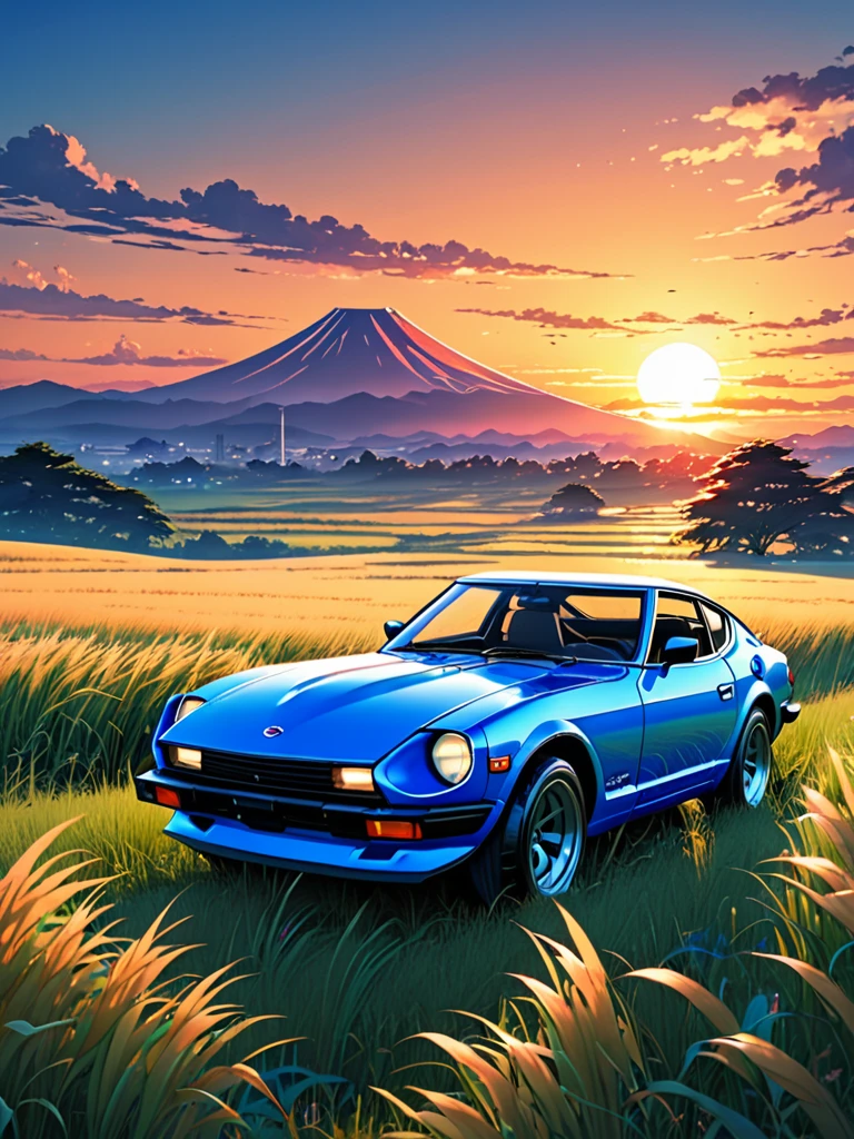 anime landscape of A pearl super laser blue metalic pearl color classic Nissan Datsun 240Z sport sits in a field of tall grass with a sunset in the background.beautiful anime scene, beautiful anime peace scene, Makoto Shinkai Cyril Rolando, beautiful anime scene, amazing wallpaper, anime art wallpaper 8k, anime background, artistic anime background, anime wallpaper 4k, anime art 4k wallpaper, anime wallpaper art 4k,