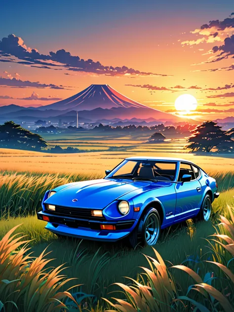 anime landscape of A pearl super laser blue metalic pearl color classic Nissan Datsun 240Z sport sits in a field of tall grass w...