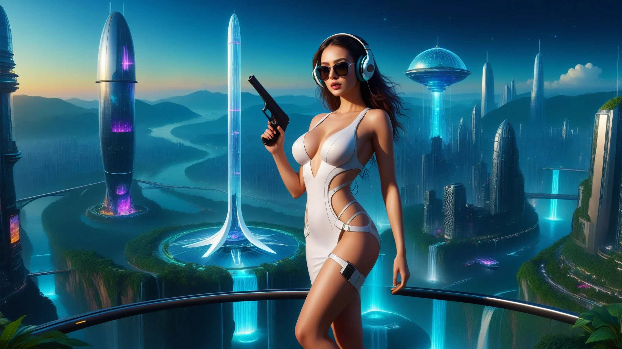 Futuristic floating city, huge high-tech tablet platform, airship, colorful lights, skyscrapper, transparent path, lush greenery, sky gardens, waterfalls, sparkling river, transparent dome, walkway, tower, very dark night, holographic display, aerial view. (((((1girl, solo, alone))))), large-breast:1.2 slim body, cleavage:1.1, sexy elegant long white dress, (headphone, black sunglasses), (((standing and holding pistol pose))), (((half-body thigh level medium shot))), cinematic lighting, lens flare, ray tracing.