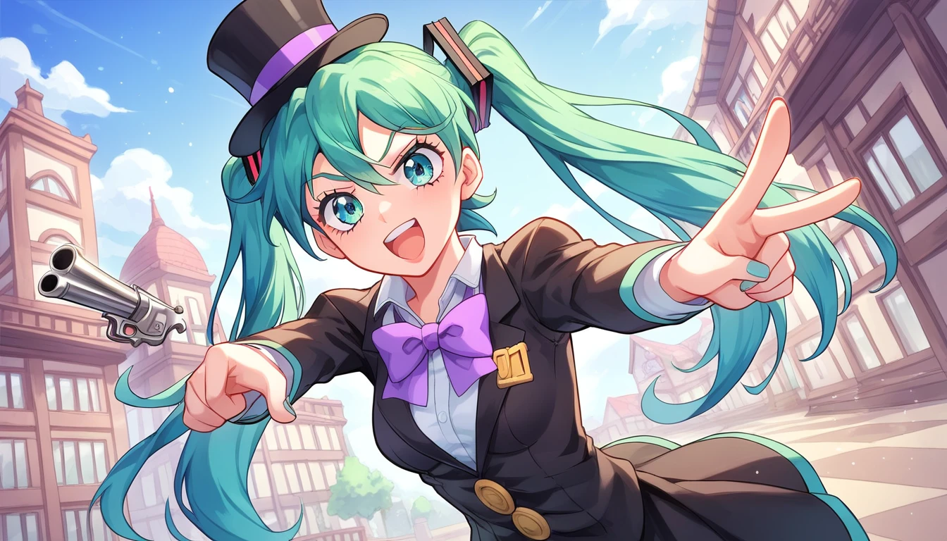 ((1girls:1.3)), ((moe style:1.3)), ((jojo pose:1.3)), ((pointing:1.3)), ((saloon:1.3)), ((monocle:1.3)), ((top hat:1.3)),((revolver:1.3)), hatsune miku, ((perfect face)), ((extremely cute:1.3)), ((masterpiece:1.3)), ((8k)), ((best quality:1.3)), ((beautiful)), ((extremely detailed:1.3)) , ((absurdres)), AddXL, ((score_9:1.3)), ((score_8_up:1.3)), ((score_7_up:1.3)), Expressiveh 