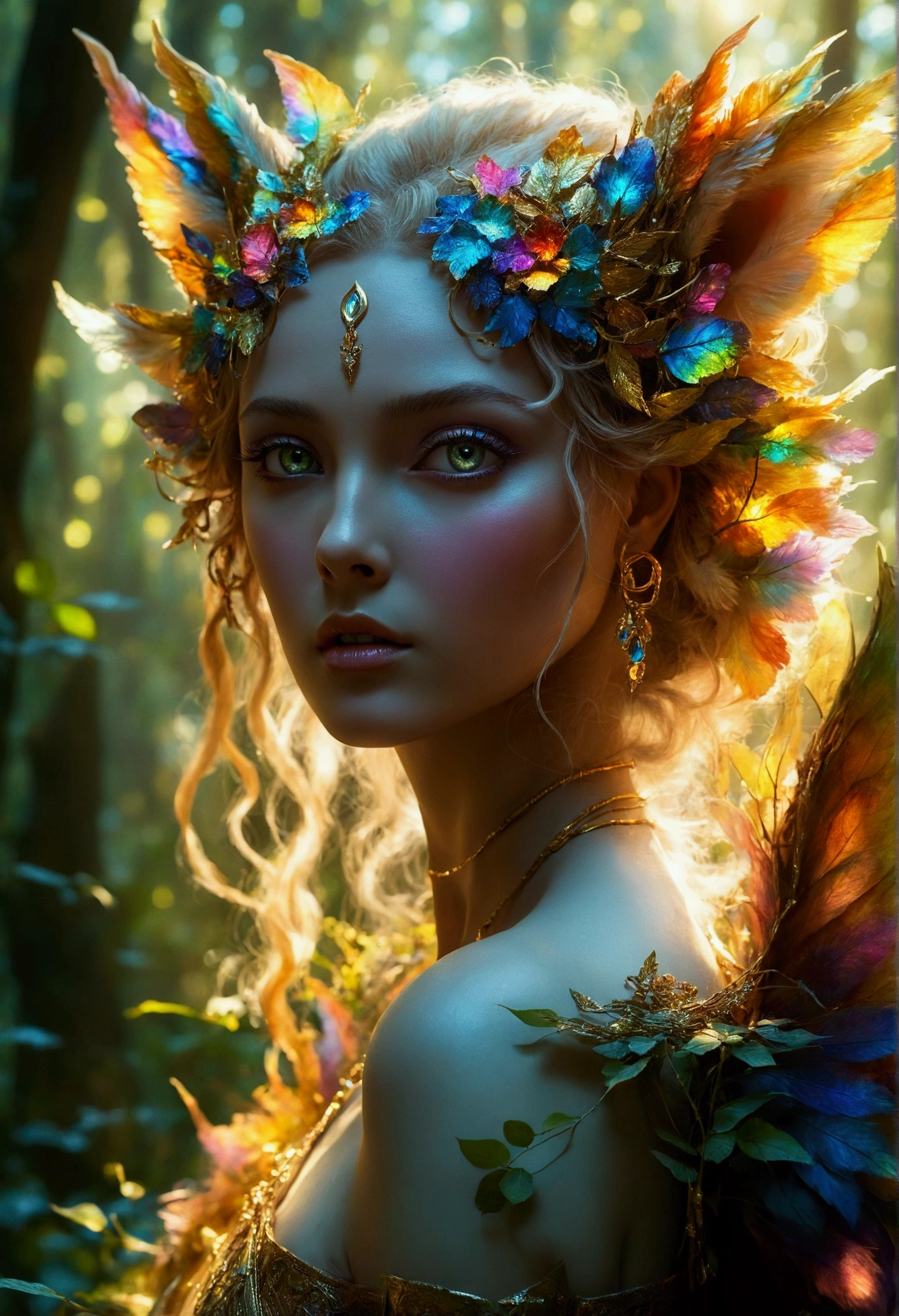 A beautiful, enchantingly elusive humanoid faunus woman, every aspect exudes magic in the midst of danger: shimmering rainbow fur, ethereal golden horn, and eyes that seem to hold the secrets of the universe. The mystical creature is surrounded by a lush, enchanted forest, bathed in the soft light of the setting sun, creating a dreamlike atmosphere that transports viewers to a realm of fantasy and wonder. This breathtaking image is a digital painting that captures the essence of the mythical creature with stunning detail and masterful technique, making it a truly mesmerizing work of art.