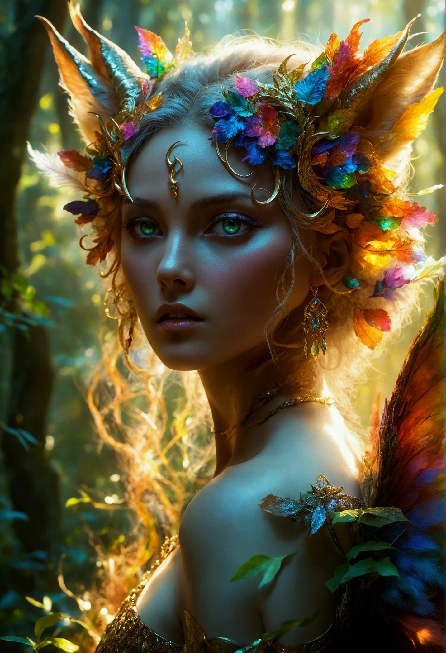 A beautiful, enchantingly elusive humanoid faunus woman, every aspect exudes magic in the midst of danger: shimmering rainbow fur, ethereal golden horn, and eyes that seem to hold the secrets of the universe. The mystical creature is surrounded by a lush, enchanted forest, bathed in the soft light of the setting sun, creating a dreamlike atmosphere that transports viewers to a realm of fantasy and wonder. This breathtaking image is a digital painting that captures the essence of the mythical creature with stunning detail and masterful technique, making it a truly mesmerizing work of art.