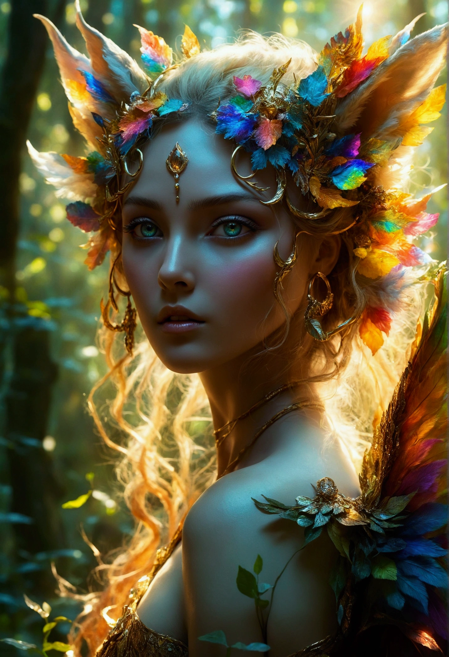 A beautiful, enchantingly elusive humanoid faunus woman, every aspect exudes magic in the midst of danger: shimmering rainbow fur, ethereal golden horn, and eyes that seem to hold the secrets of the universe. The mystical creature is surrounded by a lush, enchanted forest, bathed in the soft light of the setting sun, creating a dreamlike atmosphere that transports viewers to a realm of fantasy and wonder. This breathtaking image is a digital painting that captures the essence of the mythical creature with stunning detail and masterful technique, making it a truly mesmerizing work of art.