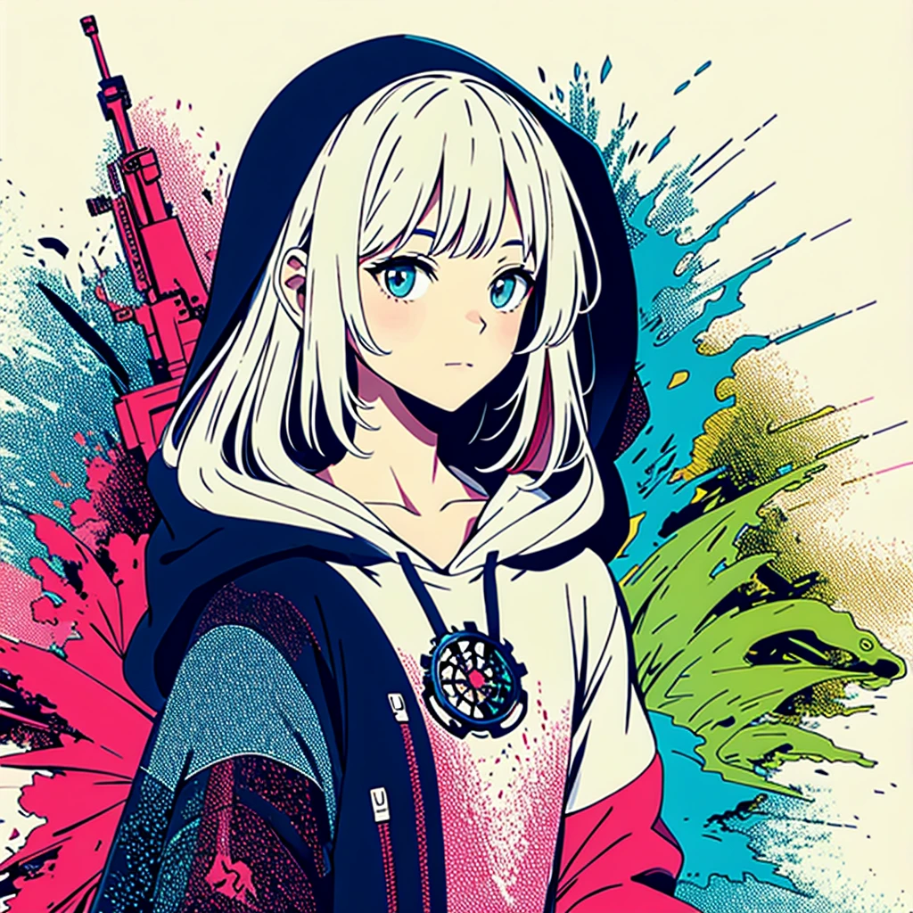 Stylized anime illustration BREAK Profile focused on character in background BREAK Short-haired white character wearing a large hooded jacket, BREAK looks to the side with a calm expression。The complex background of machine gears and cogs、Expressed in a variety of soft colors。, Create complex yet harmonious mosaics