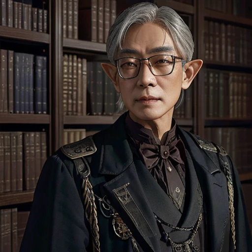 A 60-year old Asian male elf with glasses wearing a dark steampunk suit, cleanshaven, graying hair, Hu Xia, standing in a library