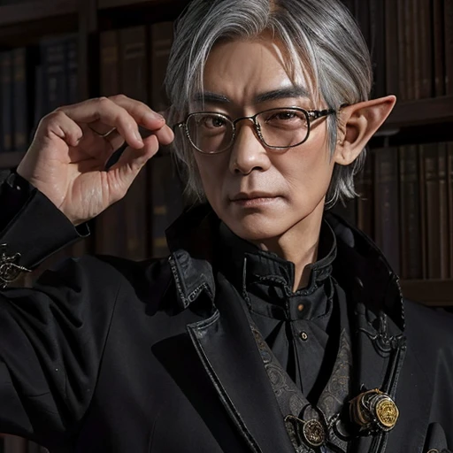 Un elfo asiático de 60 años con gafas y un traje oscuro de estilo steampunk., bien afeitado, cabello canoso, Hu Xia, De pie en una biblioteca