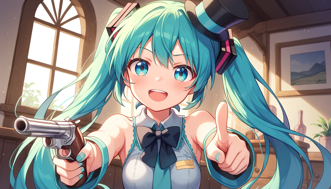 ((1girls:1.3)), ((moe style:1.3)), ((game interface:1.3)), ((pointing:1.3)), ((saloon:1.3)), ((monocle:1.3)), ((top hat:1.3)),((revolver:1.3)), hatsune miku, ((perfect face)), ((extremely cute:1.3)), ((masterpiece:1.3)), ((8k)), ((best quality:1.3)), ((beautiful)), ((extremely detailed:1.3)) , ((absurdres)), AddXL, ((score_9:1.3)), ((score_8_up:1.3)), ((score_7_up:1.3)), Expressiveh 