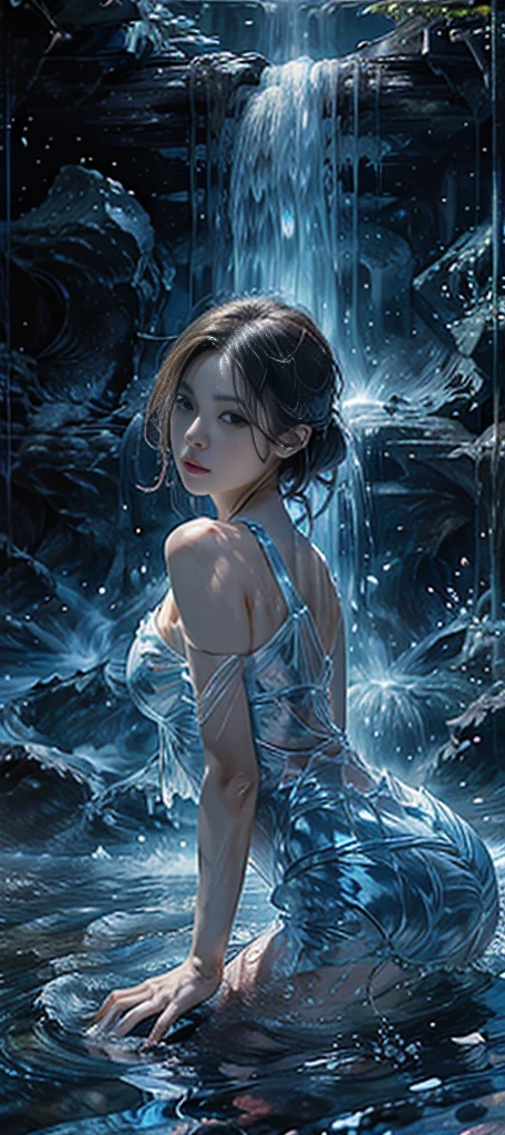 （masterpiece，Top quality，optimal，Official Art，Beautiful and beautiful，Long-term contact：1.2），Smooth movement，Attractive pattern，A girl，Adult women，Perfect skin，Jade Eyes，Black leaf hair，Sportswear，Solitary，Upper part of the body，Staring at the Observer，Detailed background，Delicate face，（water晶人工智能，water晶主题：1.1），元素water精灵，旋流water，water控制，water流围绕着 Makoto 的衣服，Dynamic poses，Floating particles，Ether dynamics， water，Steaming hot，Background sea，Blue tint，coastal，Dreamy atmosphere，。water像泉water一样蓝。Whole face。water中的真实感。Ray Tracing，