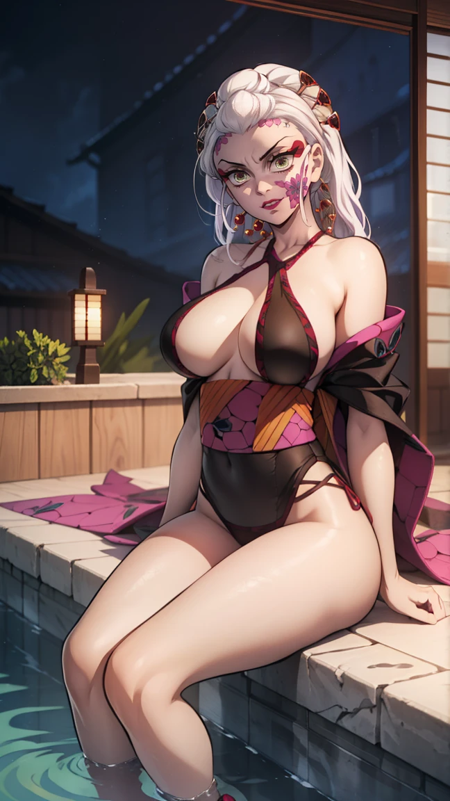 One Demon Girl, looks at the camera, Portrait of a girl, Beautiful waist, night, ancient japan, very sexy, In the bath, grin, fangs, mouth open, fangs, smile, White hair, erotica, very sexy, beautiful body is completely visible, masterpiece, Best quality, full length (Full body 1.1.), Beautiful waist, good feet, high quality, long hair, White hair с зелеными кончиками. Highly detailed face, depth of field, HDR, very detailed, ray tracing, whole body, dark fantasy, Demon&#39;s tattoo, very beautiful, Beautiful ., 1 girl, solo, I look at the viewer, black hair, hair ornament, jewelry, closed mouth, green eyes, yellow eyes, japanese clothes, kimono, draw up, pomade, slit pupils, Brilliant eyes, wicked, Red lips, hair stick