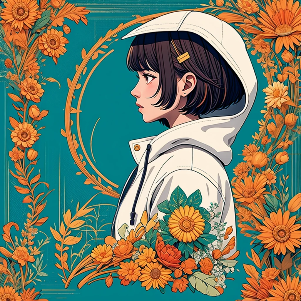 Stylized anime illustration BREAK Profile focused on character in background BREAK Short-haired white character wearing a large hooded jacket, BREAK looks to the side with a calm expression。The complex background of machine gears and cogs、Expressed in a variety of soft colors。, Create complex yet harmonious mosaics