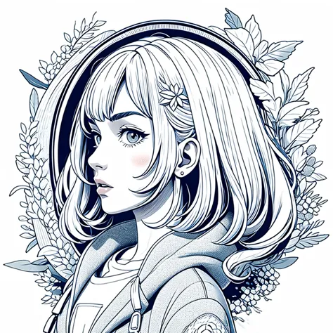 stylized anime illustration break profile focused on character in background break short-haired white character wearing a large ...