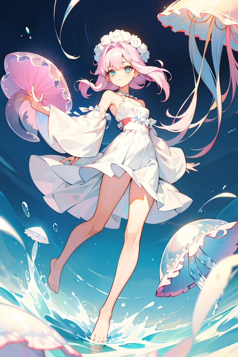 (1 Girl), solo, solo, Full-body portrait, Jellyfish hair， Cool women，Shoulder Bare , My chest is open ， There&#39;s a chain on the dress , Mermaid trousers，He&#39;s doing a cool pose， White background, The Detailed Art of the Onmyoji, beautiful painting style, The Style, masterpiece, Top Quality, Highest quality, Ultra-high resolution with beautifully detailed lighting