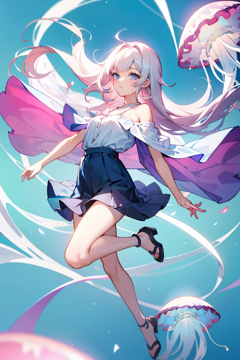 (1 Girl), solo, solo, Full-body portrait, Jellyfish hair， Cool women，Shoulder Bare , My chest is open ， There&#39;s a chain on the dress , Mermaid trousers，He&#39;s doing a cool pose， White background, The Detailed Art of the Onmyoji, beautiful painting style, The Style, masterpiece, Top Quality, Highest quality, Ultra-high resolution with beautifully detailed lighting