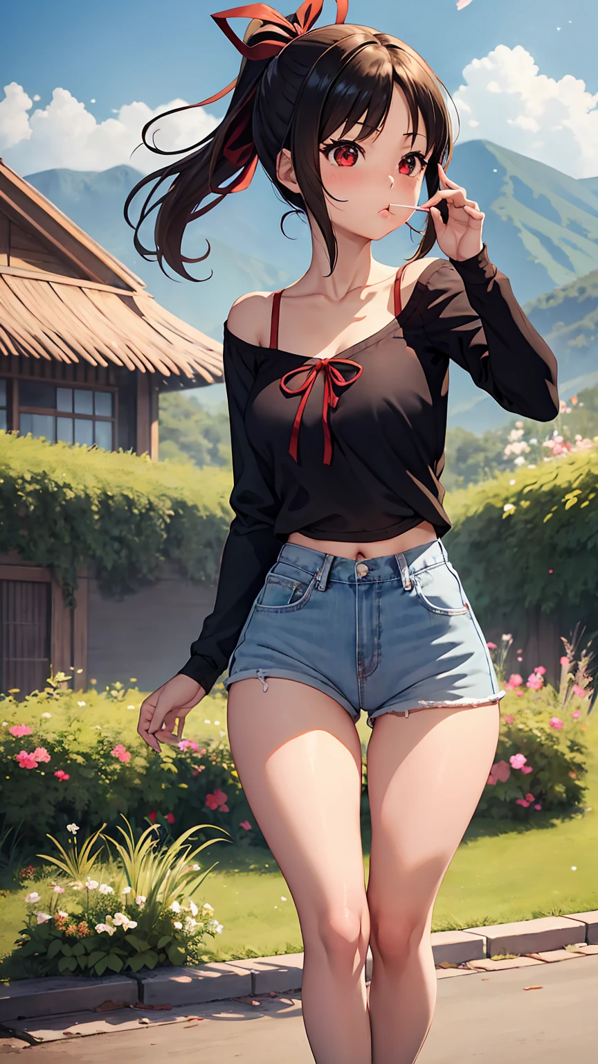 [shinomiya_kaguya, parted bangs, ribbon, red ribbon, hair ribbon, sidelocks, folded ponytail, short hair, red eyes, (black shirt, long sleeves), collarbone, small breasts], 1girl, anime girl, anime, 2d girl, (fullbody), standing, anime girl, ((blowing kiss to viewer)), heart, Solo, Slim, Tight Shorts, low waist shorts, upshorts, The night background, in front of beach house, distant mountain in the background, stars in the sky, looking at viewer, darker shadows, (((explicit))), (((shorts))), (((absurdres))), (((thigh gap))), cameltoe, (((cameltoe))), (((cleft of venus))), (((pussy outline in shorts))), (((pussy contour in shorts))), (((lowleg shorts))),