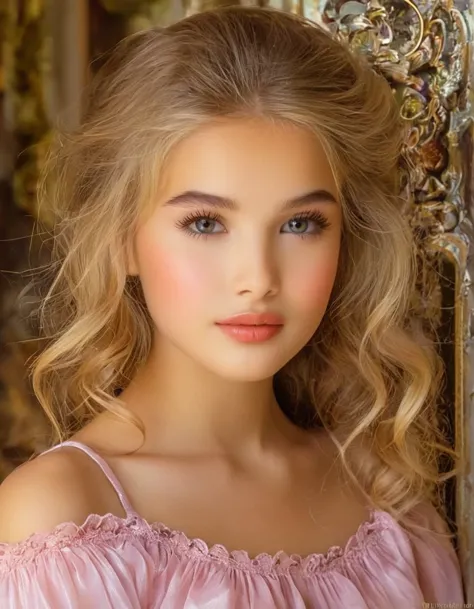 1 12 year old girl, long blonde hair, brown eyes,beautifull, alone,  your voice is clear, with a subtle rosy glow on her cheeks,...