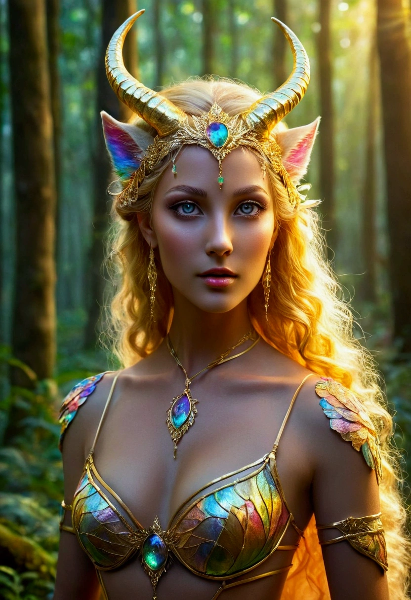 A beautiful, enchantingly elusive humanoid faunus woman, every aspect exudes magic in the midst of danger: shimmering rainbow fur, ethereal golden horn, and eyes that seem to hold the secrets of the universe. The mystical creature is surrounded by a lush, enchanted forest, bathed in the soft light of the setting sun, creating a dreamlike atmosphere that transports viewers to a realm of fantasy and wonder. This breathtaking image is a digital painting that captures the essence of the mythical creature with stunning detail and masterful technique, making it a truly mesmerizing work of art.