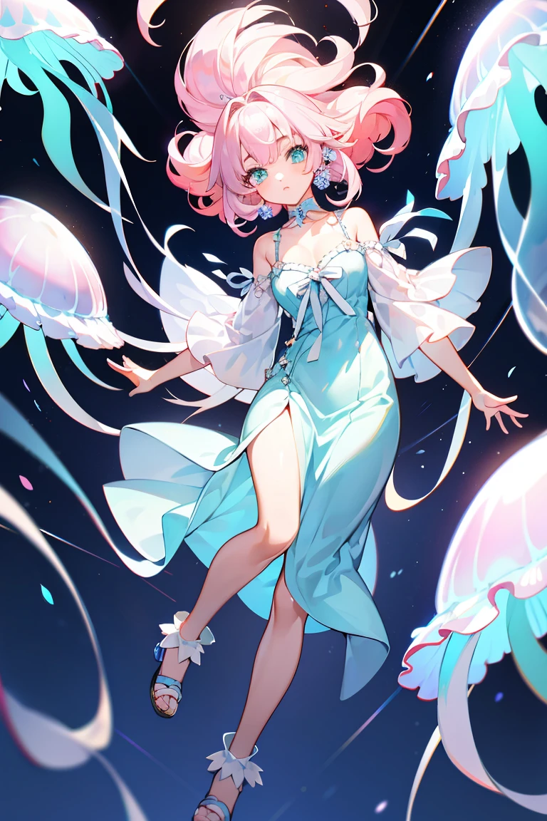 (1 Girl), solo, solo, Full-body portrait, Jellyfish hair， Cool women，Shoulder Bare , My chest is open ， There&#39;s a chain on the dress , Mermaid trousers，He&#39;s doing a cool pose， White background, The Detailed Art of the Onmyoji, beautiful painting style, The Style, masterpiece, Top Quality, Highest quality, Ultra-high resolution with beautifully detailed lighting