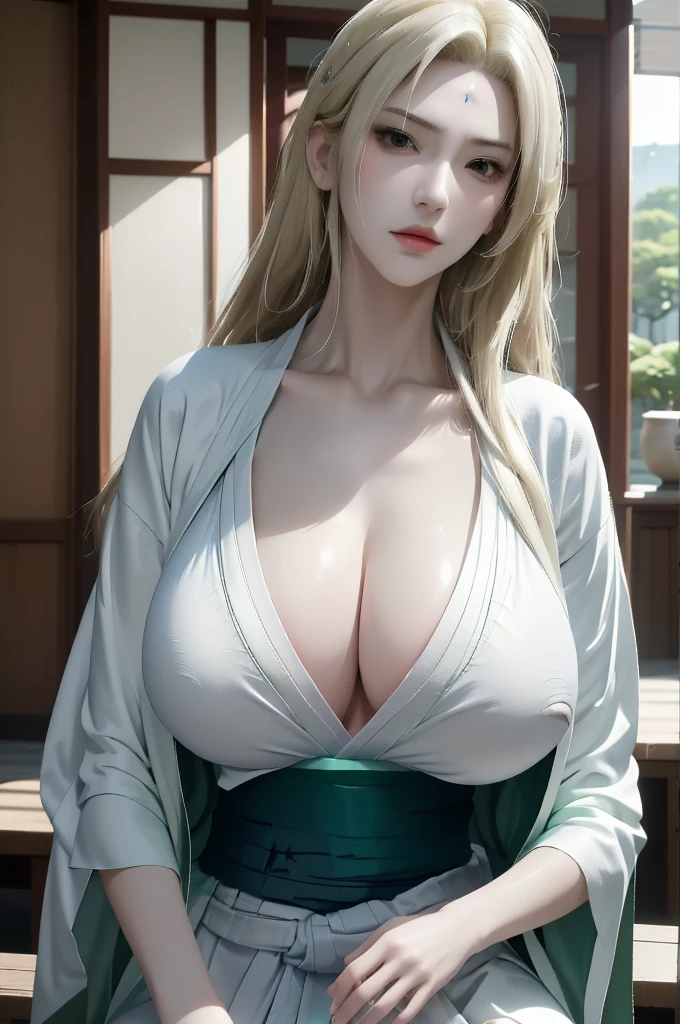 highres, sharp focus, pixiv masterpiece, ((intricate details)), highly detailed,  upper body, 1girl, mature, blonde hair, blue forehead mark,white kimono, green jacket, sash, tsunade_senju, very Big breasts,((very Big breasts 1.9)), ultra huge breast 