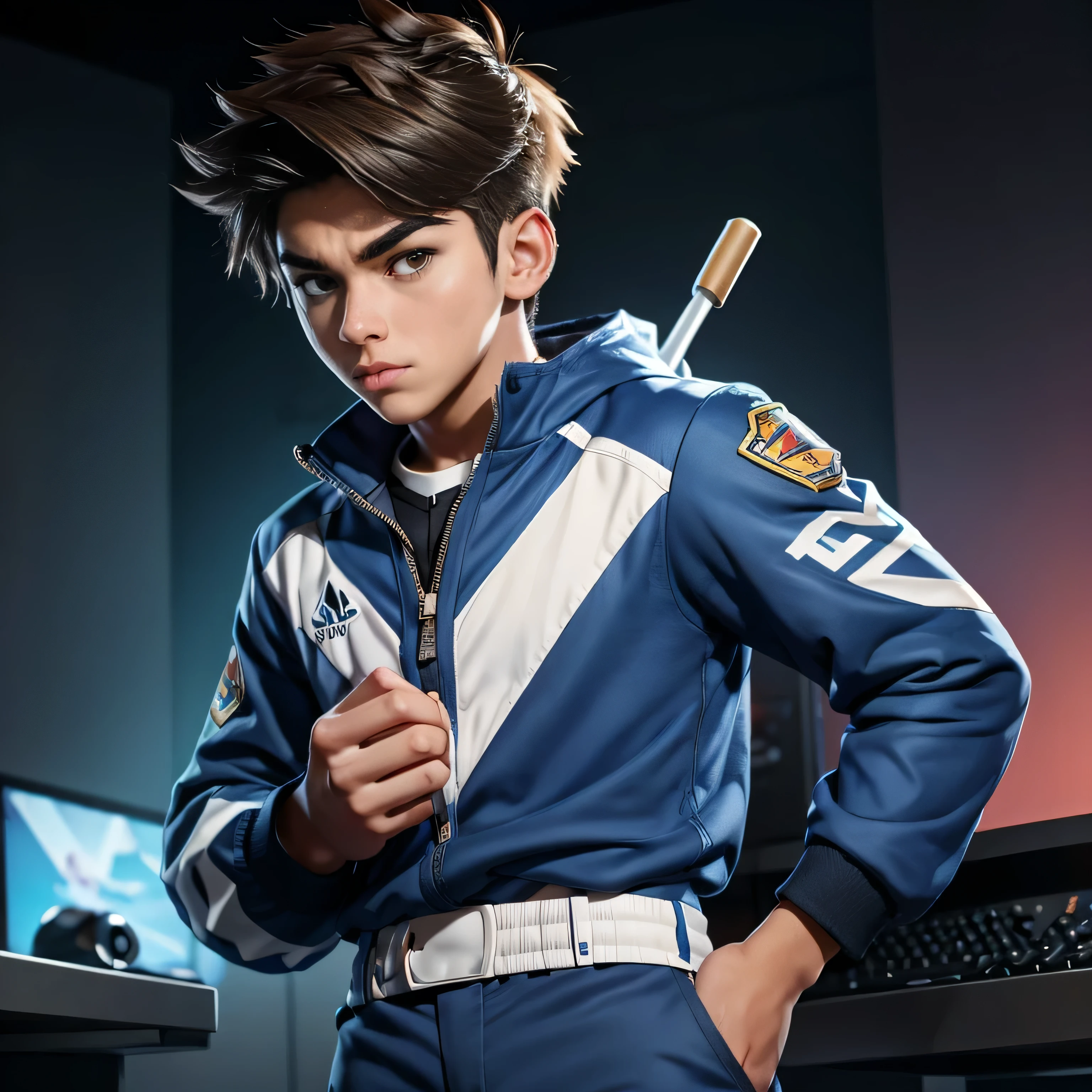 um jovem corajoso com características de jogador, ele deve estar usando uniforme de gamer e um Jostyck na mão