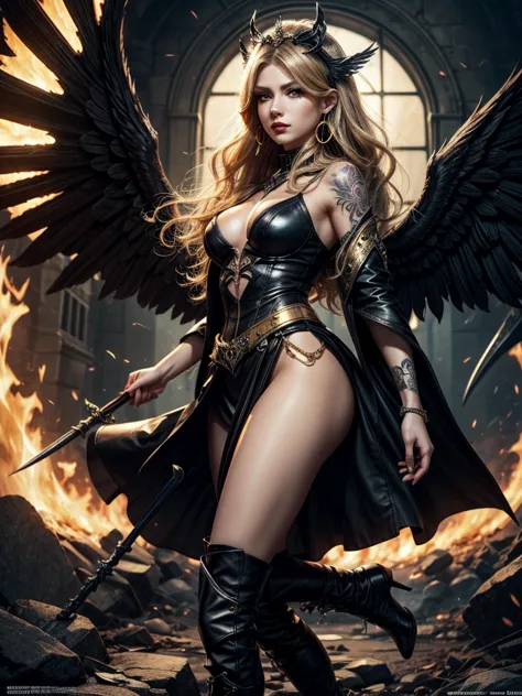 In the middle of the burning battlefield filled with broken swords and dead sodiers stand beatiful female fallen angel with blac...