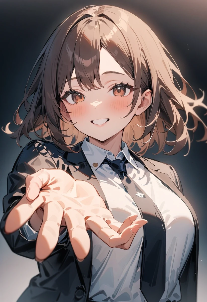 masterpiece, best quality, very aesthetic, absurdres, newest, 1girl, solo, asymmetrical bangs, tareme, looking at viewer, smile, brown hair, shirt, brown eyes, jacket, white shirt, upper body, female focus, necktie, collared shirt, formal, suit, outstretched hand, reaching towards viewer, necktie