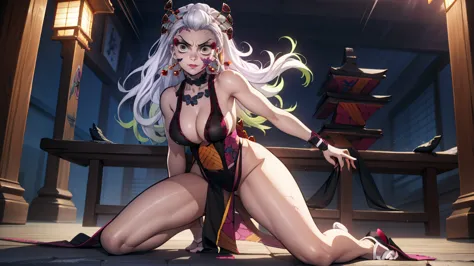 one demon girl, looks at the camera, portrait of a girl, beautiful waist, night, ancient japan, very sexy,  grin, fangs, mouth o...