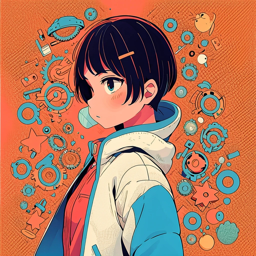 Stylized anime illustration BREAK Profile focused on character in background BREAK Short-haired white character wearing a large hooded jacket, BREAK looks to the side with a calm expression。The complex background of machine gears and cogs、Expressed in a variety of soft colors。, Create complex yet harmonious mosaics