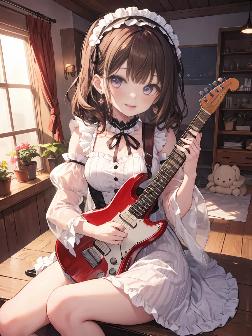 cartoon girl sitting on floor with guitar playing music with guitar string, 1girl, solo, tongue out, tongue, striped, instrument, purple eyes, jewelry, earrings, sitting, frills, dress, vertical stripes, screen, bow, guitar, ribbon, holding, bangs, looking at viewer, brown hair, lolita hairband, detached sleeves, electric guitar, indoors, frilled dress, cable, black ribbon, neck ribbon, akanbe, stage lights