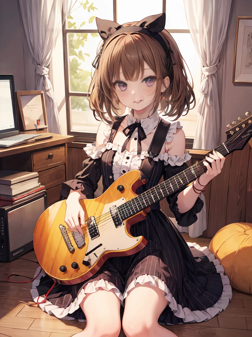 cartoon girl sitting on floor with guitar playing music with guitar string, 1girl, solo, tongue out, tongue, striped, instrument, purple eyes, jewelry, earrings, sitting, frills, dress, vertical stripes, screen, bow, guitar, ribbon, holding, bangs, looking at viewer, brown hair, lolita hairband, detached sleeves, electric guitar, indoors, frilled dress, cable, black ribbon, neck ribbon, akanbe, stage lights