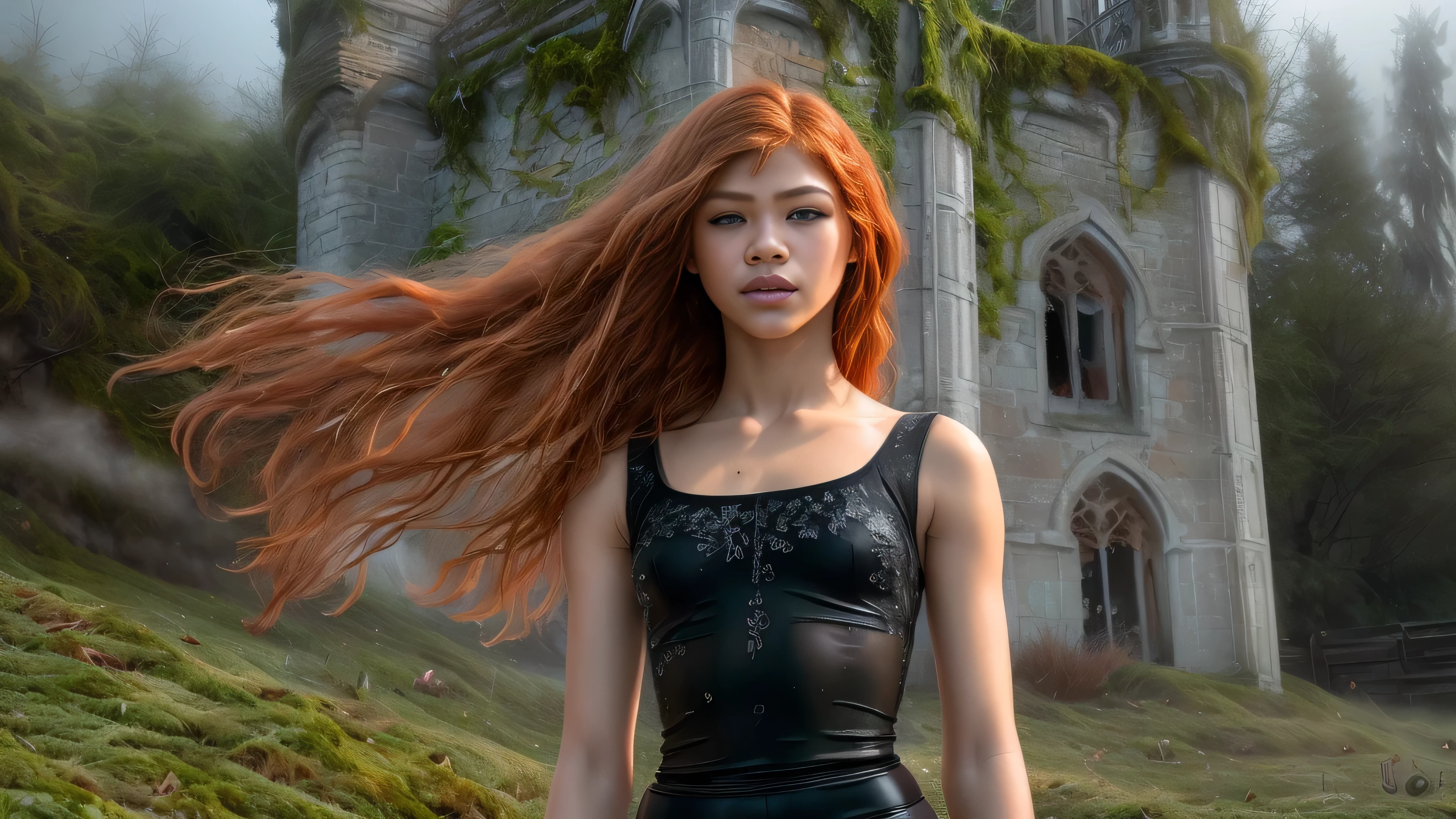 There is a woman with long red hair walking in front of a castle - SeaArt AI