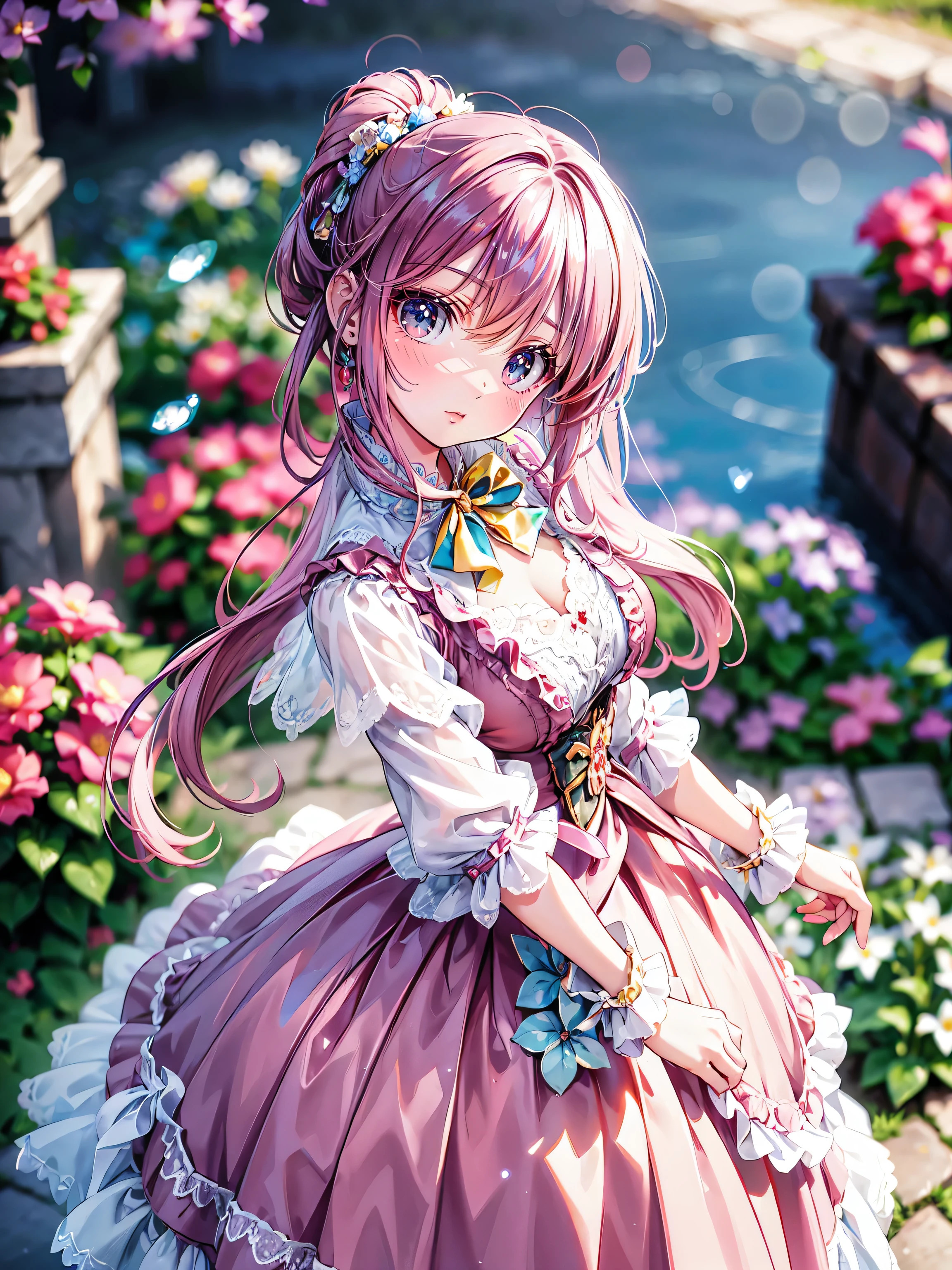 ((ultra detailed, exquisite quality, cinematic lighting)), (anime moe art style:1.2), (((young face solo princess))), (incredibly cute rococo victorian gown with long hems, voluminous princess style skirt, elaborate lace gown:1.5), (huge breasts), breasts cleavage, breasts focus, ((hair pink hair)), ((fluffy long Expressive ponytail)), (leaning forward, looking up, from above, front view, facing at viewer:2), kawaii face, head tilt, shy smile, (face focus, eyes focus, blurry background, depth of field:2), (isometric 3D, octane render, ray tracing:1.5), cinematic shadows, backlighting, particle effect, caustics, super detailed skin, (hyper detail delicate eyes, hyper beautiful eyes), (eyes blue eyes), (lot's of colorful flowers, sparkling glass classic greenhouse:1.5),