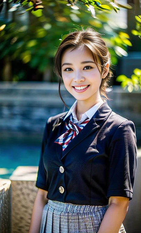 (a youthful eurasian lady, Age 23, at an Aquarium, (((full bodyesbian))), ((Girls' High School Uniforms)), short_bob_hair_ponytail, Dimples, Friendly & Kind smile, snaggle-tooth, realistic skin textures, healthy body proportion, hyper-realism, photorealistic, beautiful detailed eyes, high contrast, ultra HD, top image quality, fine details, very meticulously, masterpiece, the_cowboy_shot, bokeh background, Serene Ambience)