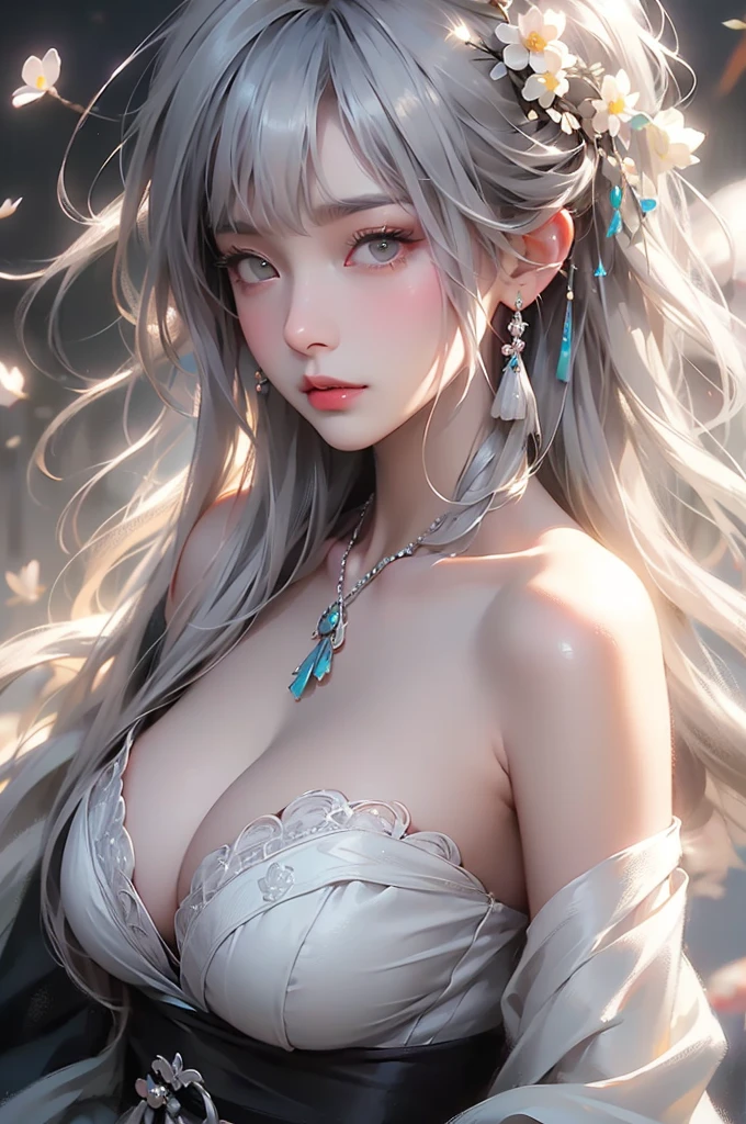 super high quality, masterpiece, Perfect illustration, Very detailed (Exquisite light and shadow, Very dramatic photo,Backlight) , ((Gray Hair:1.5))1 Girl, alone, (Wearing Han clothes, Royalty、Black and white Hanfu,Monotony,Long sleeve) Flower Field, Flowers, (White smoke:1.3) (Realistic:1.4), Zen Intertwining, Tangled, Official Art, unity 8k wallpaper, Very detailed, Beautiful and beautiful, masterpiece, Highest quality, (Dynamic Angle: 1.4), Glowing Skin, (Floating colorful flashes: 1) The most beautiful chaotic shapes, elegant, Brutalist Design, Bright colors, Romantic Depth of Field Exotic_dance, half_naked、((Off the shoulder、Expose your shoulders、Ample breasts、Great cleavage))