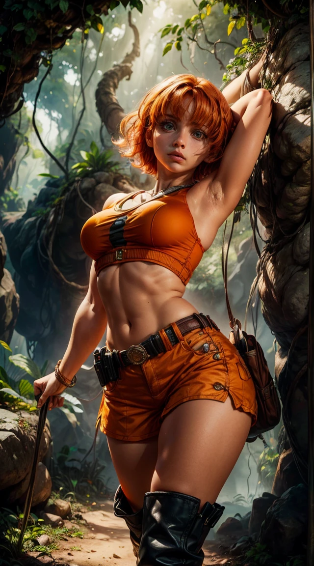 HIGHLY DETAILED, 16K HI-RES, insanely detailed image, cinematic, best quality, masterpiece, realistic, detailed face, detailed background, dramatic lighting, 1 girl, solo, Nami of One Piece, (Orange hair), Nami, dressed in a fitted, revealing tactical outfit with cargo shorts, a cropped tank top, a utility belt slung low on her hips, and knee-high boots, standing confidently at the entrance of a dense jungle cave. The background features towering trees, lush greenery, and shafts of sunlight breaking through the canopy, highlighting her adventurous spirit. She's in a dynamic "The Phoenix" pose, standing with one leg lifted high and arms reaching upwards