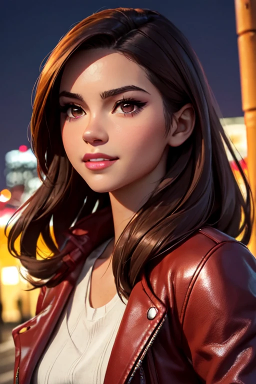 (ultra realistic,32k,RAW photo:1.1),(high detailed skin:1.1), 8K  UHD, dslr, high quality, film grain, Best quality, realistic, from the front in first person, Nina Dobrev on the street of Los Angeles, (a female mexican supermodel), (sexy wine red leather jacket:1.1), split, Seductive smile, (dark hair), (hairstyle:1.0), Perfect eyes, sharp parts, Detailed face, face-makeup, cheeks turn red, Eyeliner, eyeshadow, Lip gloss, supermodel, (deep focus), (hard lighting), (night time), (realistic lighting:1.0)