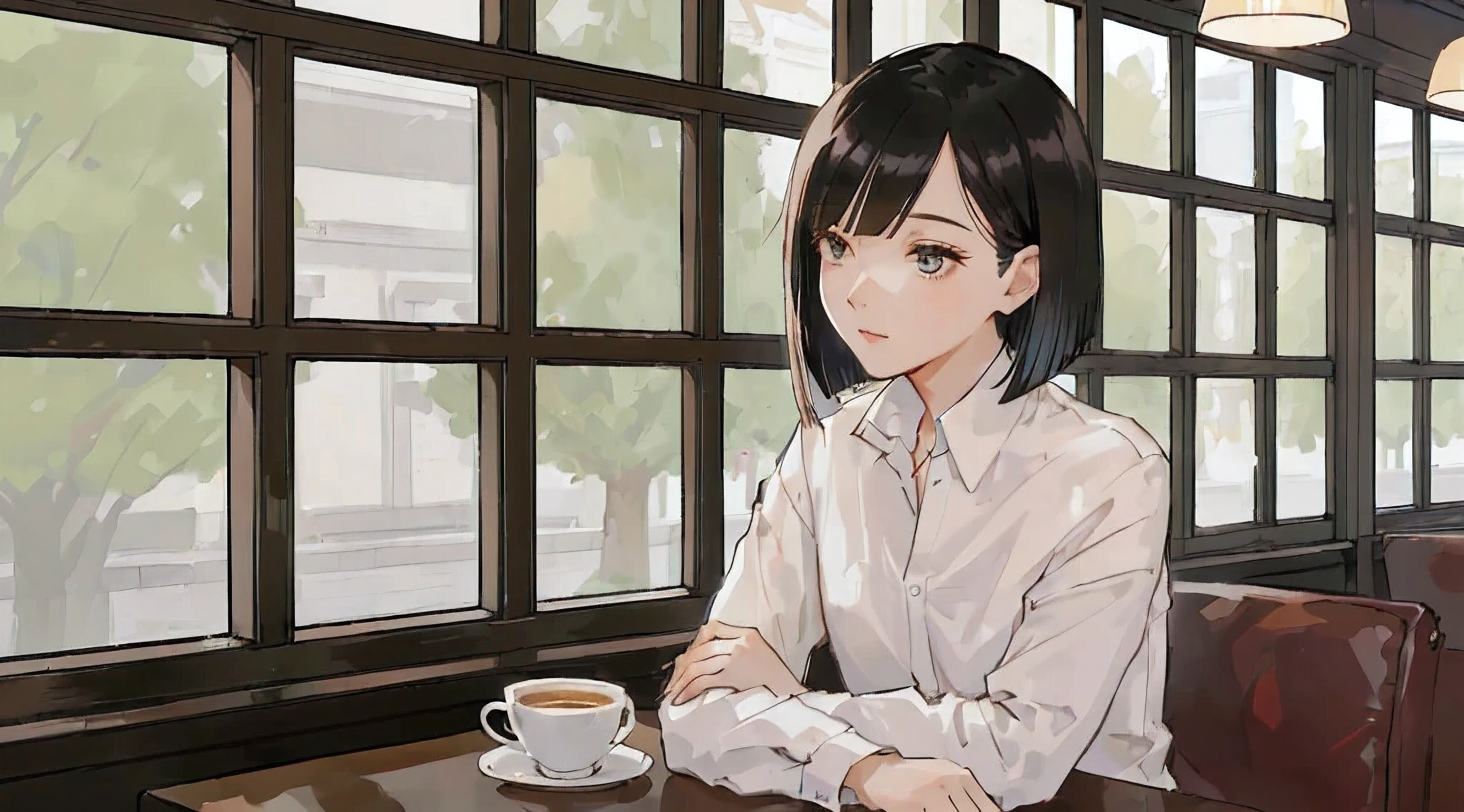 A 32-year-old androgynous adult with a bob cut sitting at a cafe table、Beautiful black hair、Looking down at the tree-lined street below、White coffee cup、Masterpiece、 Sitting alone in a café, Sitting alone in a cafe, Evening Lighting、Wooden retro cafe、White Shirt、avert your eyes