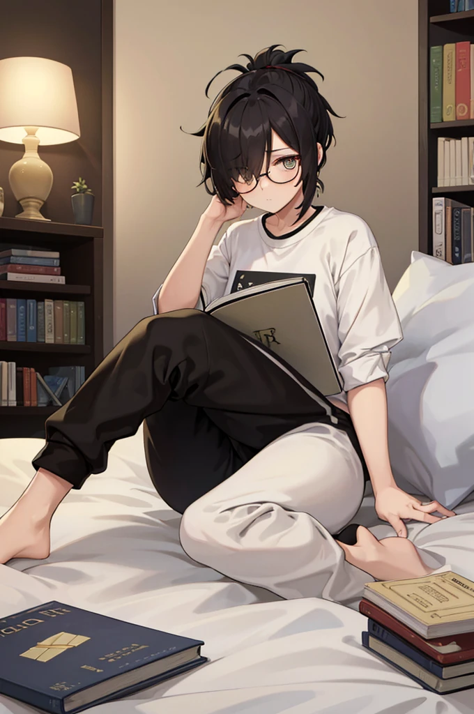 woman, hair over one eye, golden eyes, Tomboy, sitting on the ground, white shirt, black sweatpants, looking at viewer, bed, black short hair with a ponytail, books lying around, bedroom background, round glasses, bags under eyes, tired, reading a book