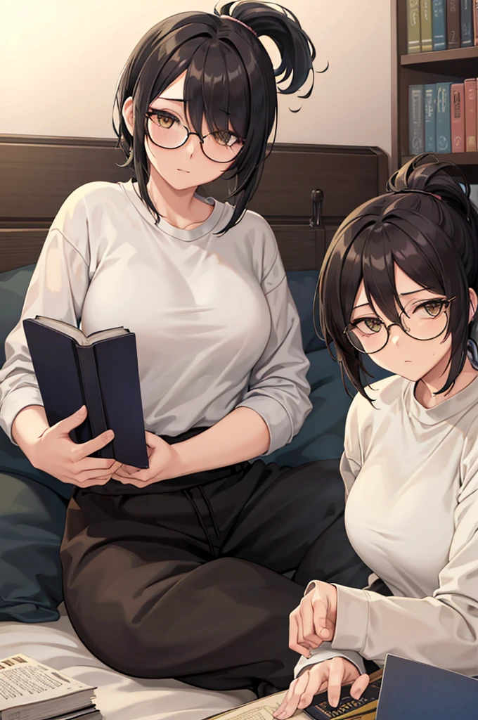 mature woman, hair over one eye, golden eyes, Tomboy, sitting on the ground, white shirt, black sweatpants, looking at viewer, bed, black short hair with a ponytail, books lying around, bedroom background, round glasses, bags under eyes, tired, reading a book