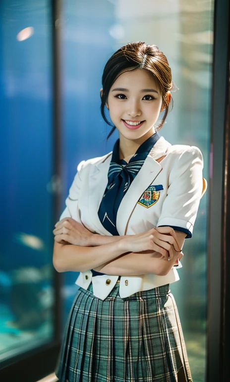 (2 youthful eurasian lady, early 20s, at an Aquarium, (((full bodyesbian))), ((Girls' High School Uniforms)), short_bob_hair_ponytail, Dimples, Friendly & Kind smile, snaggle-tooth, realistic skin textures, healthy body proportion, hyper-realism, photorealistic, beautiful detailed eyes, high contrast, ultra HD, top image quality, fine details, very meticulously, masterpiece, the_cowboy_shot, bokeh background, Serene Ambiance)