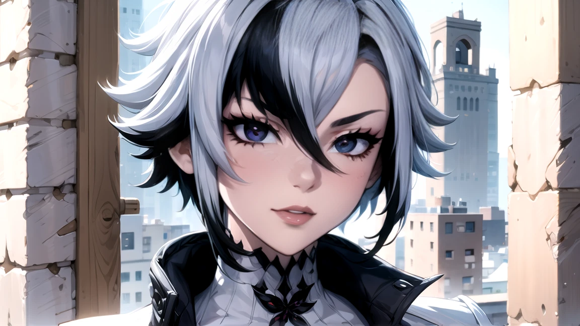 thick outlines, comics, photorealistic, perfect hands, masterpiece:1.2, Cathedral, Dark, Gothic, 1 girl, One, White hair, black hair, multicolored hair, X-shaped pupils, black eyes, Arles_suit, , detailed background, Detailed face, detailed eyes, 