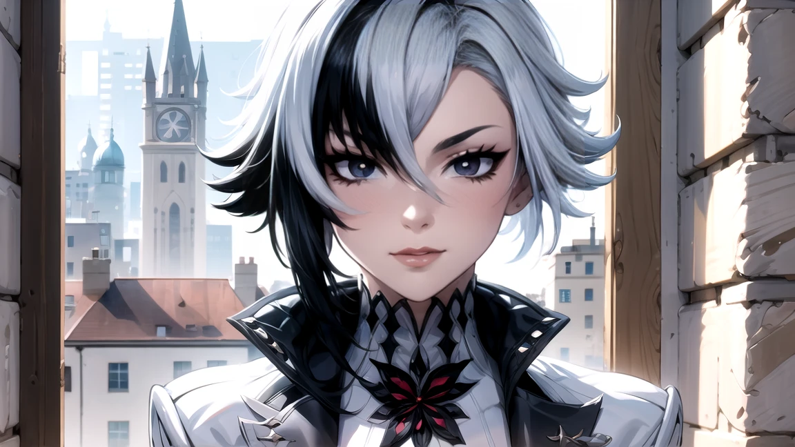 thick outlines, comics, photorealistic, perfect hands, masterpiece:1.2, Cathedral, Dark, Gothic, 1 girl, One, White hair, black hair, multicolored hair, X-shaped pupils, black eyes, Arles_suit, , detailed background, Detailed face, detailed eyes, 