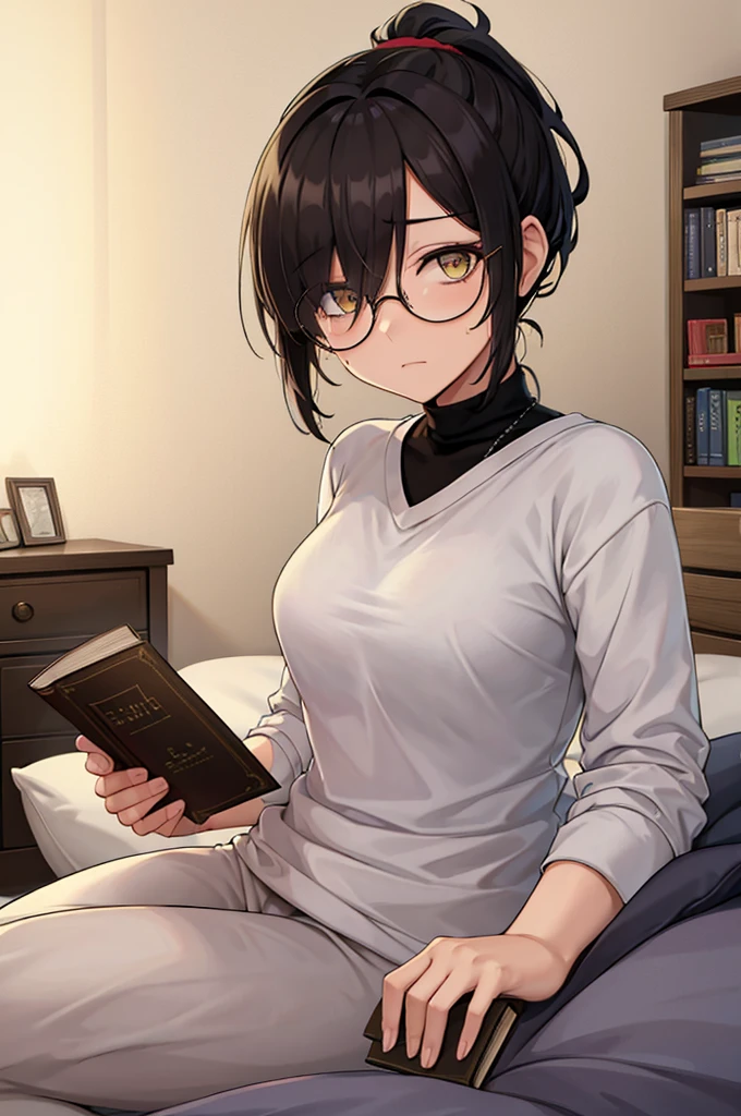 mature woman, hair over one eye, golden eyes, Tomboy, sitting on the ground, white shirt, black sweatpants, looking at viewer, bed, black short hair with a ponytail, books lying around, bedroom background, round glasses, bags under eyes, tired face, reading a book